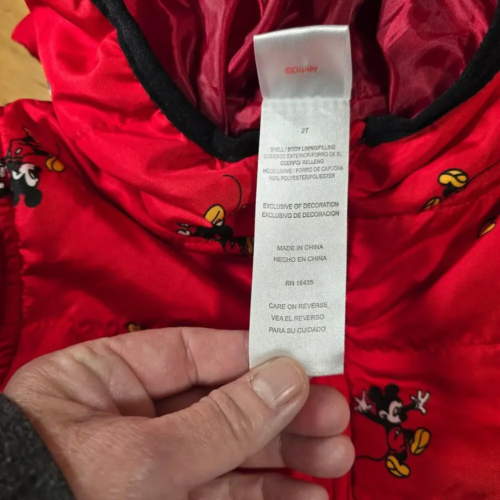 Twin Disney Junior Mickey Mouse Hooded Ear Puffer Jacket 2T Girl's Red New!!!
